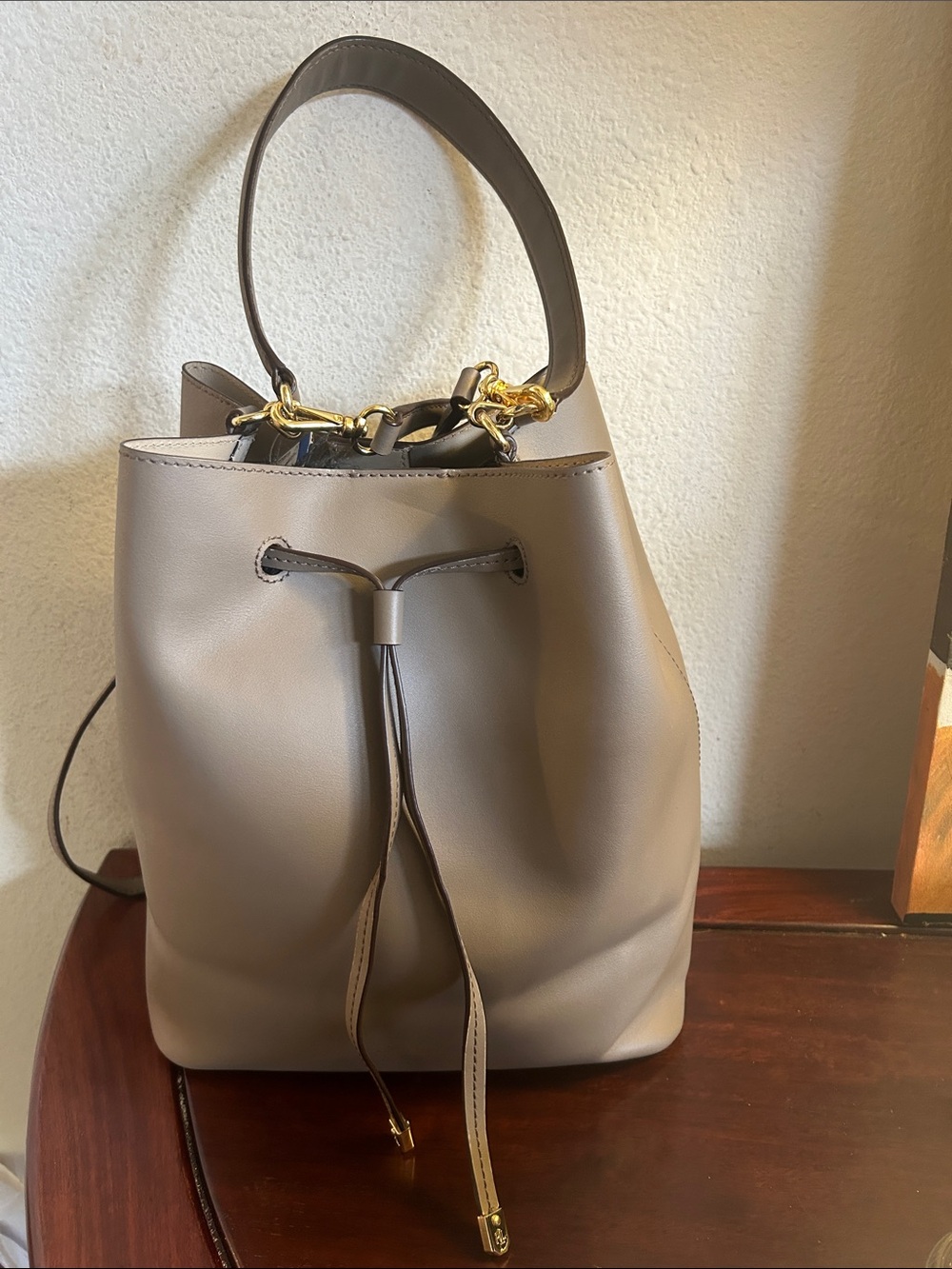 Lauren Ralph Lauren Taupe Drawstring Shoulder Bag with Gold Hardware